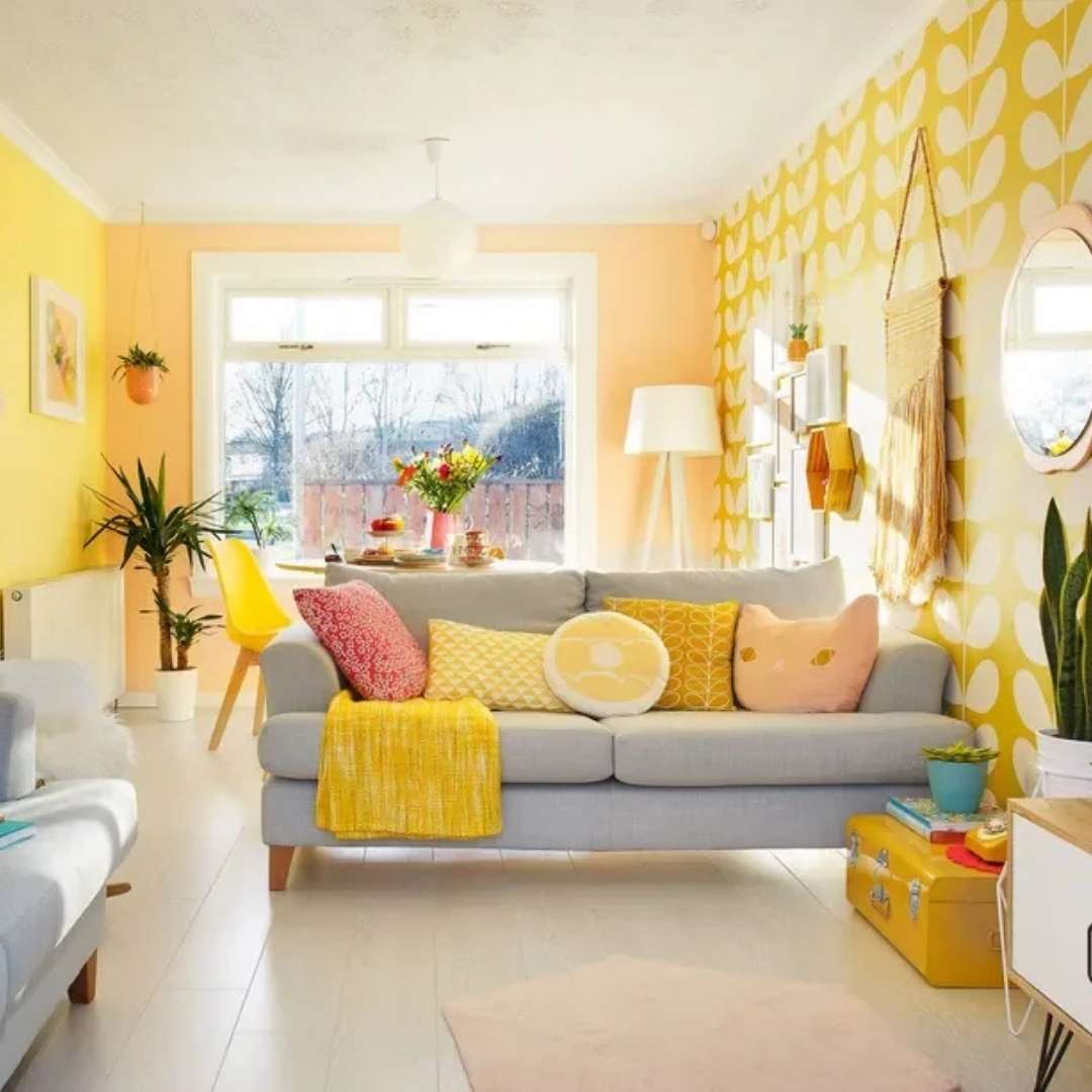 Yellow and Grey Living Room Retro Wallpaper