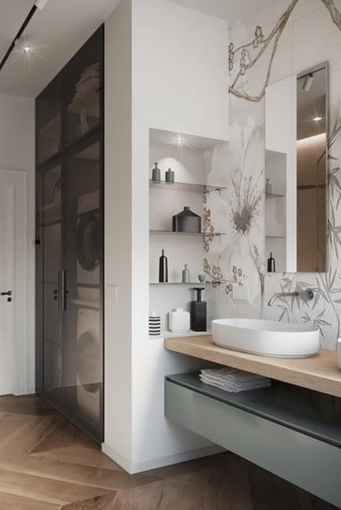 Built-In Laundry Behind Glass with Spa-Inspired Vanity