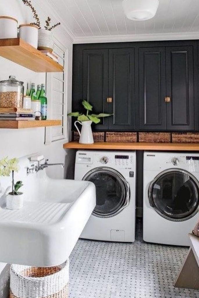 Black Cabinet Laundry with Open Shelf Styling
