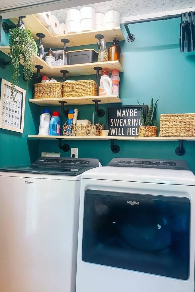 Teal Wall Laundry with Industrial Shelving