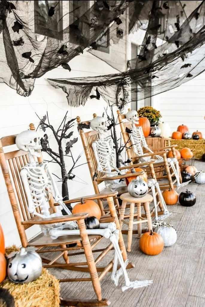 Haunted Porch Sit-In with Rocking Skeletons