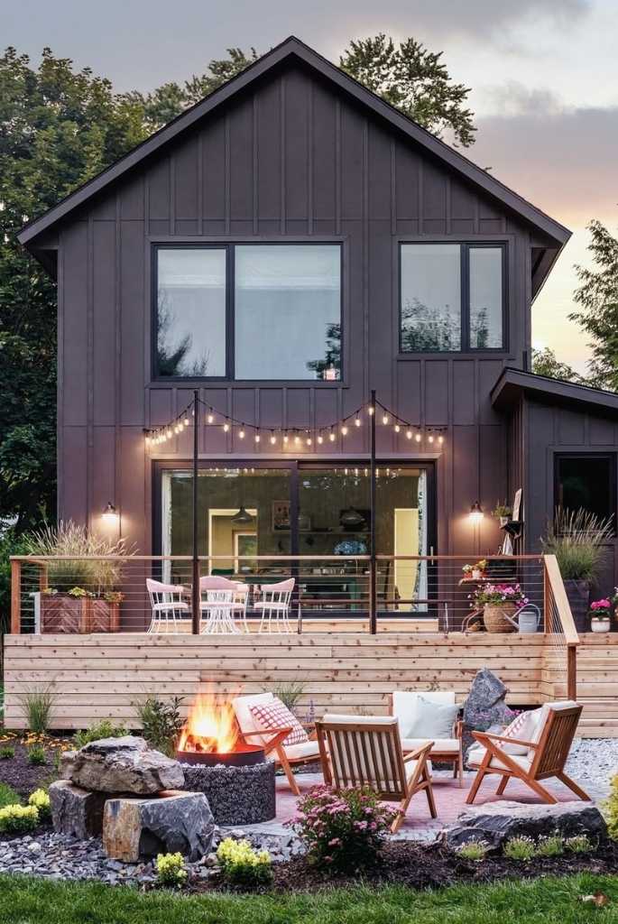 Backyard Fire Pit Lounge with String Lights