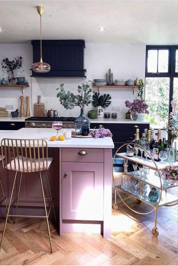 Chic Two-Tone Kitchen with Bar Cart