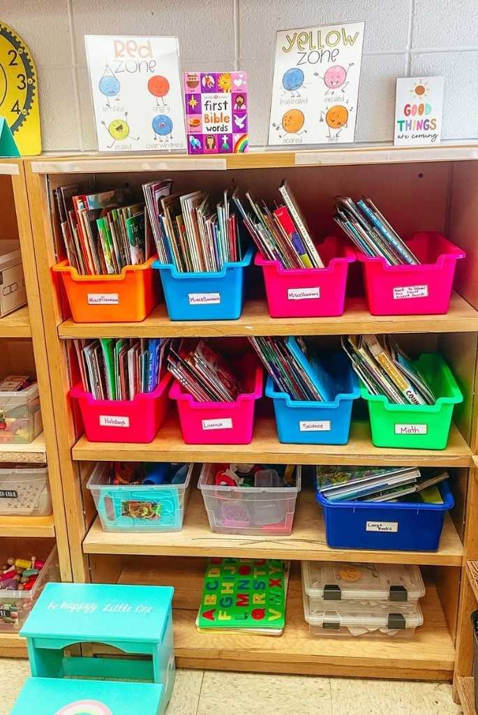 Color-Coded Book Bin Shelf