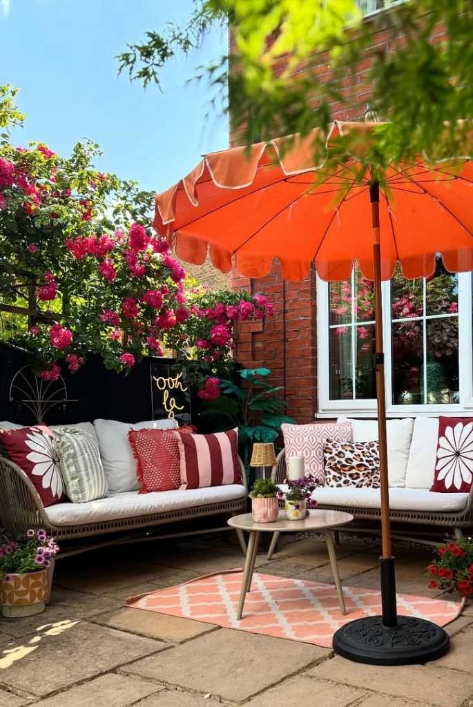 Colorful Patio Corner with Vintage Umbrella