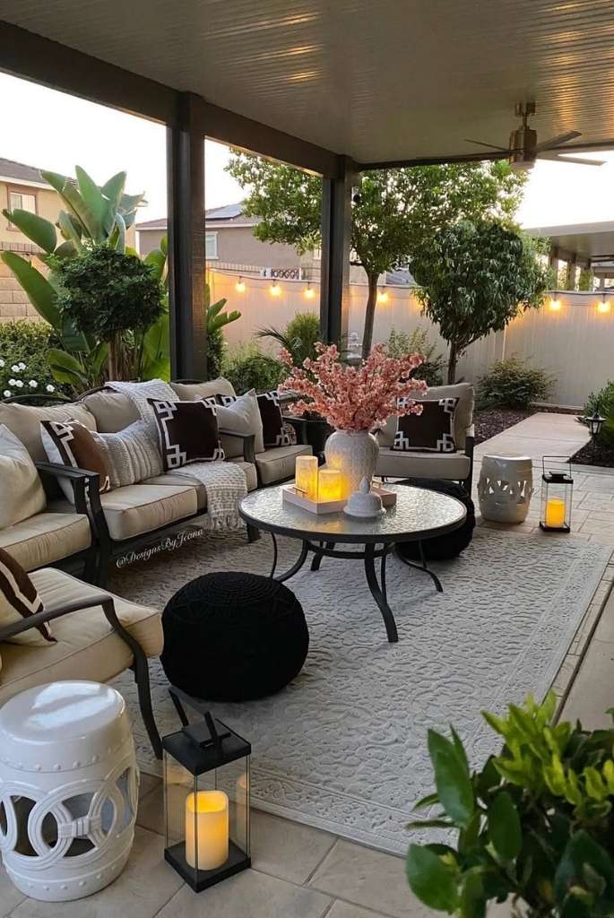 Covered Garden Lounge with Ambient Lighting