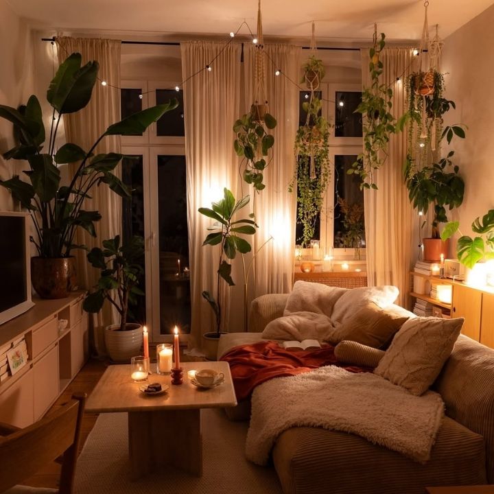 Cozy Boho Living Room with Warm Lighting
