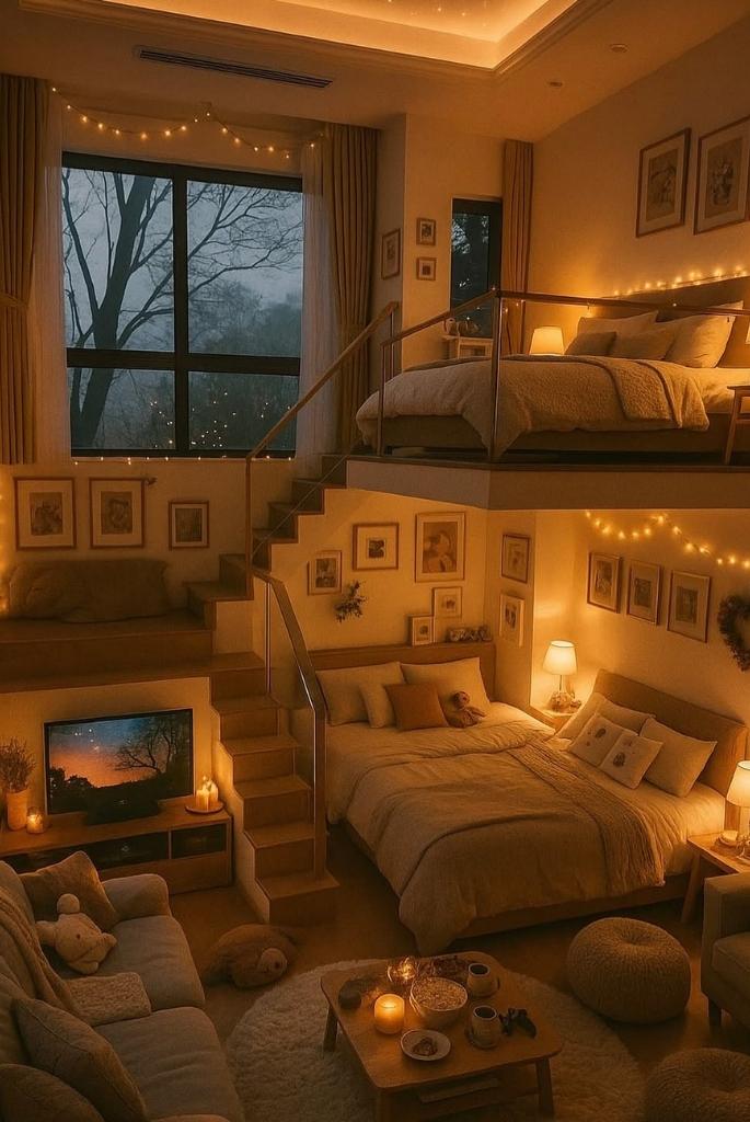 Dreamy Loft Bedroom with Warm Fairy Lights