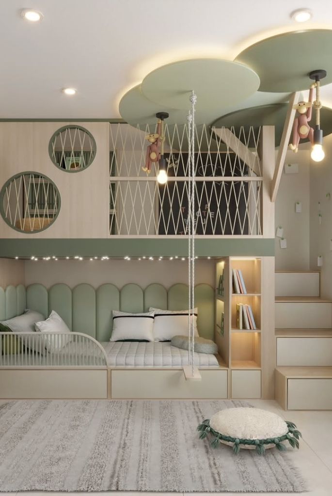 Forest-Inspired Bunk Playroom with Swing