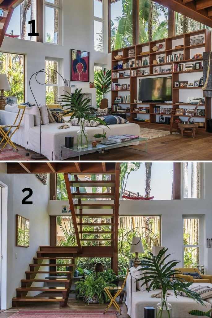 Jungle-View Living Room with Open Staircase Design