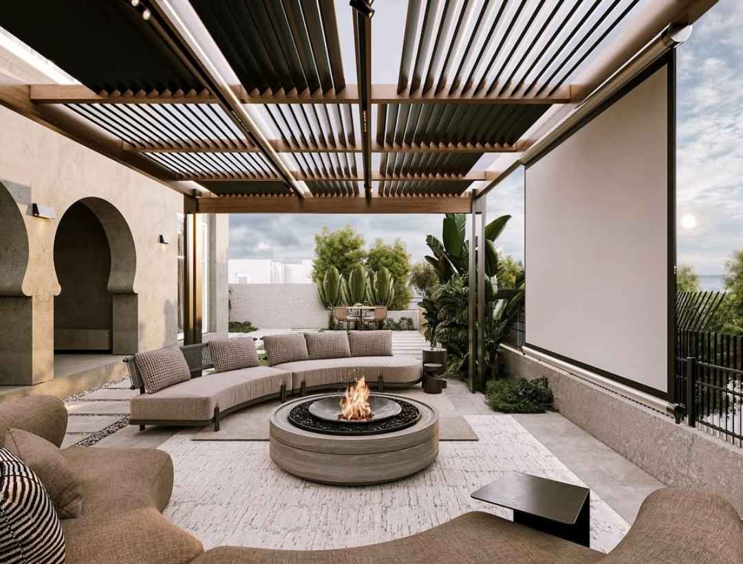 Outdoor Theater Lounge with Firepit and Slatted Roof