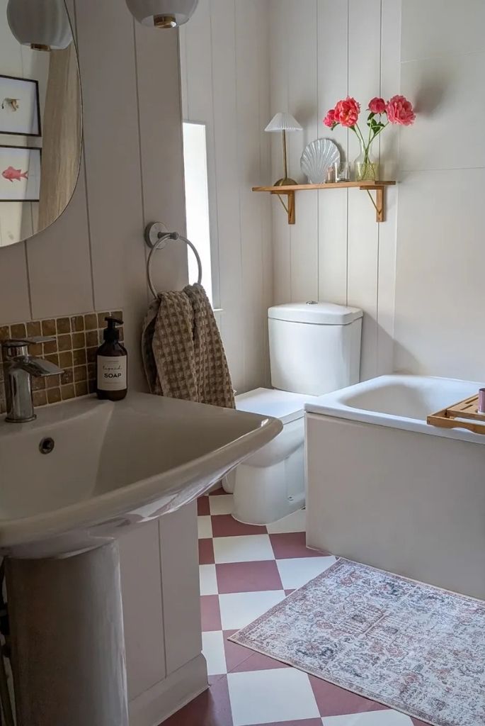 Soft Blush Checkerboard Cottage Bathroom