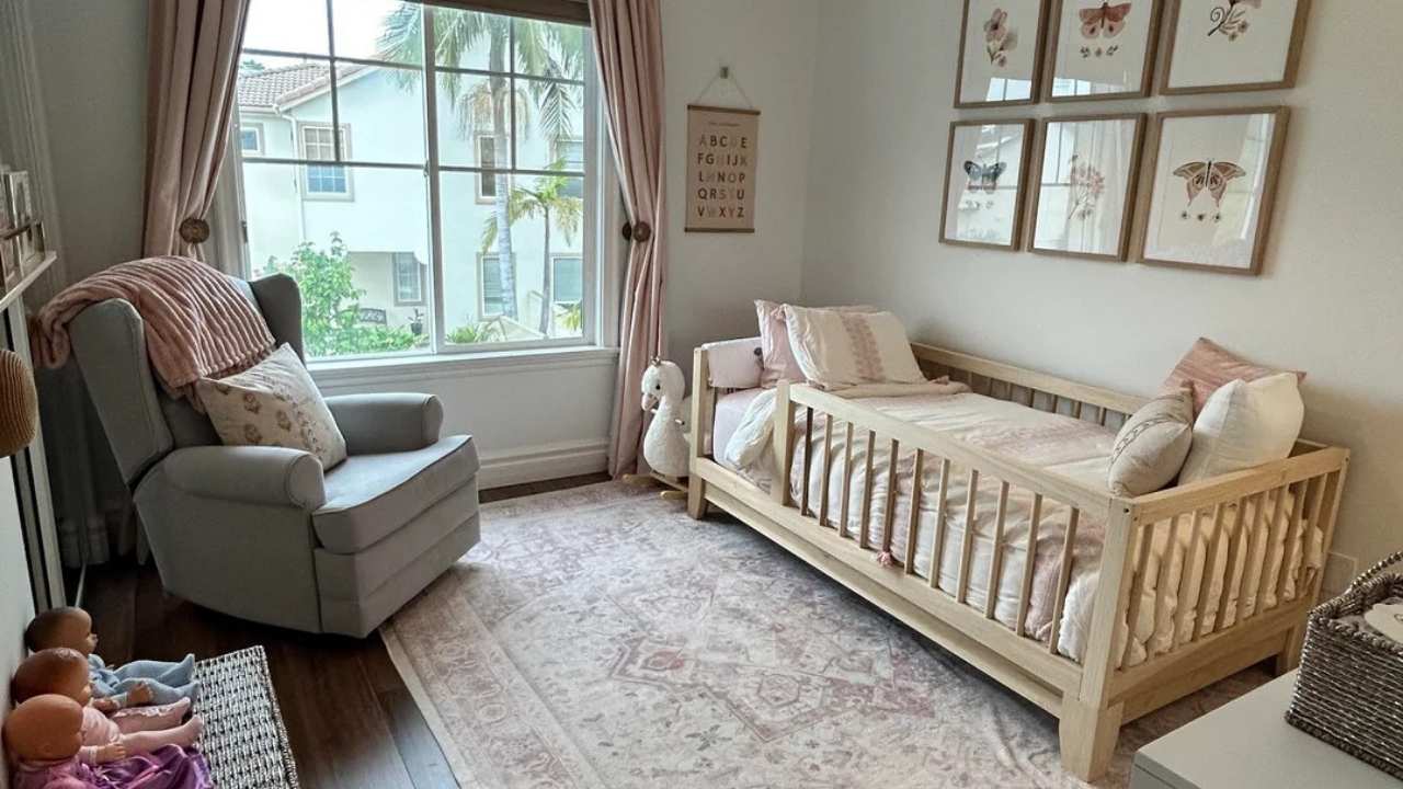 Soft Rose Toddler Room with Natural Wood Bed