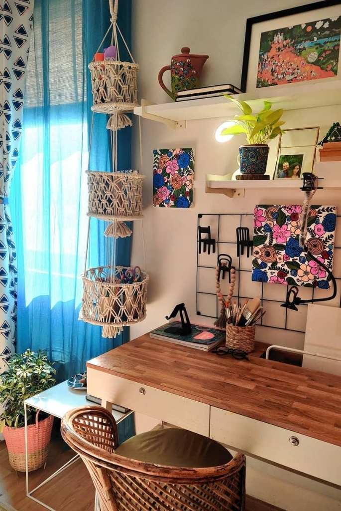 Vibrant Study Desk with Hanging Planters