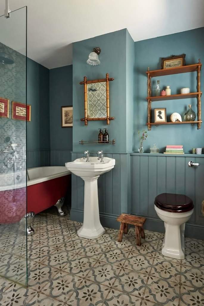 Vintage Blue Cottage Bathroom with Red Tub