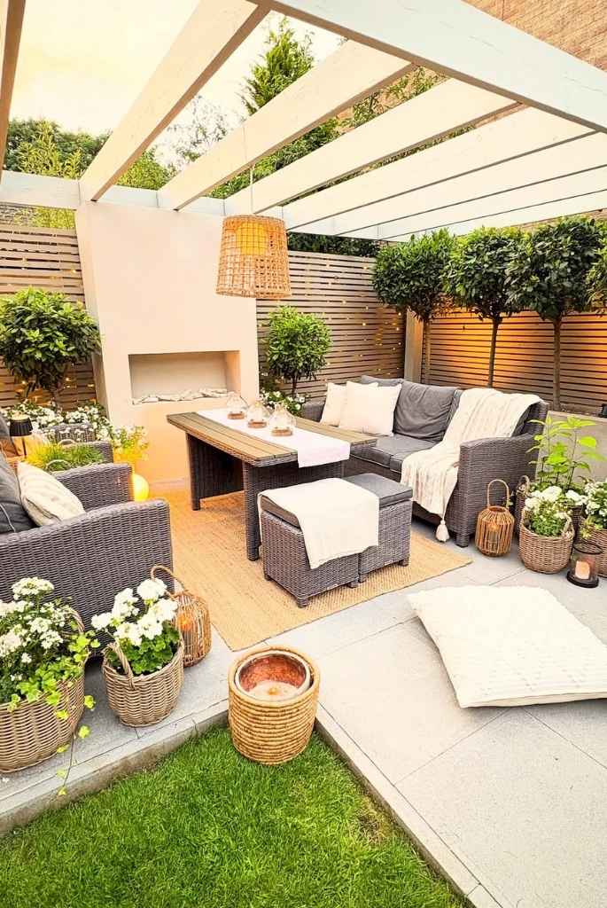 Wicker-Inspired Patio with Built-In Fireplace