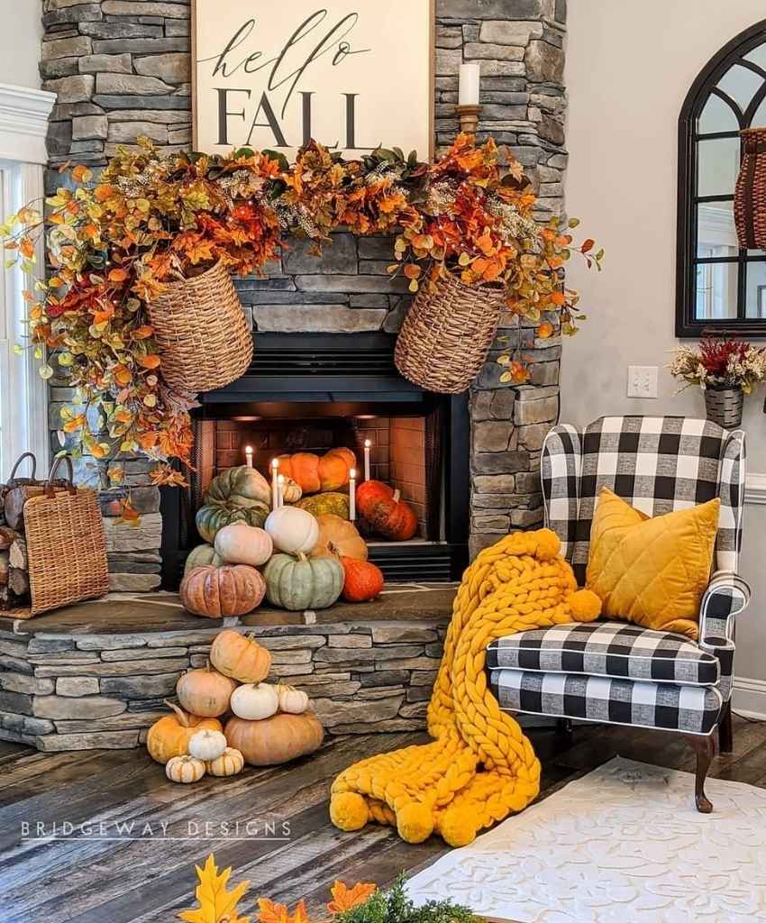 Cozy Fall Fireplace with Pumpkin Display