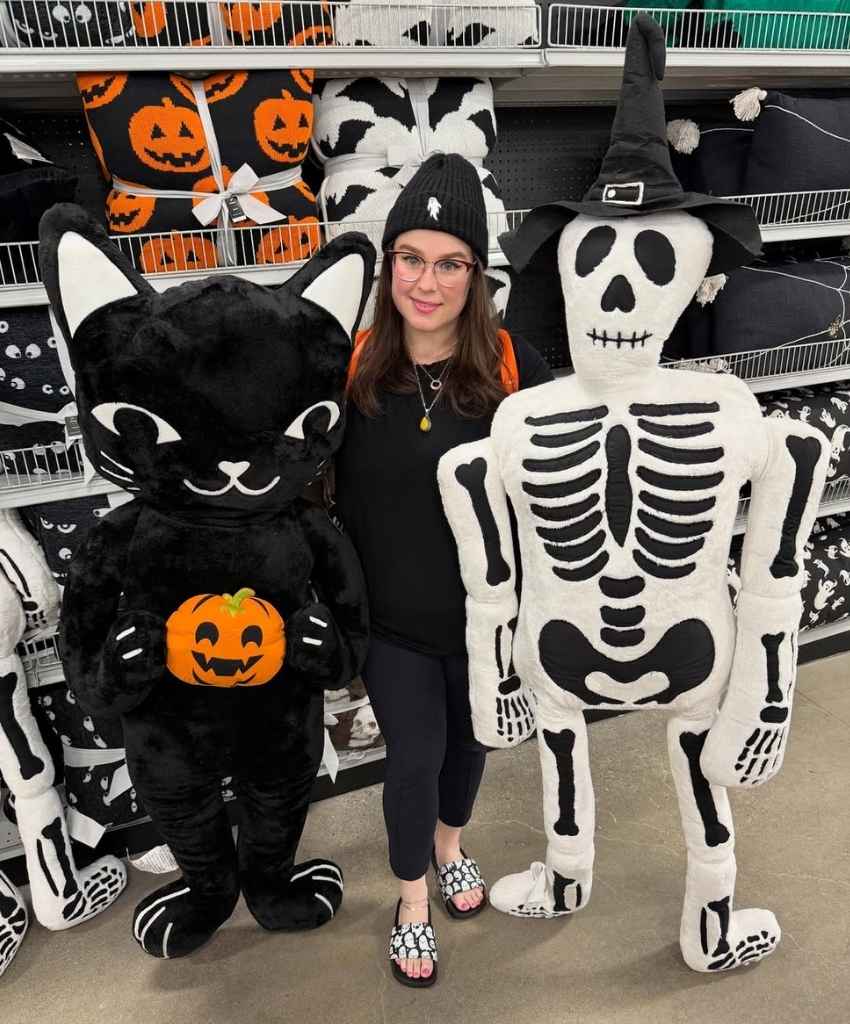 Giant Plush Halloween Cat and Skeleton