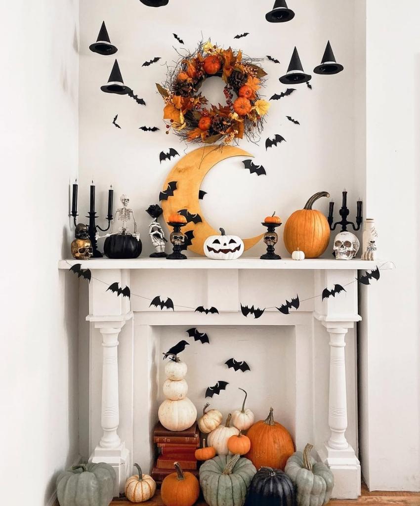 Spooky Halloween Mantel with Bats and Pumpkins