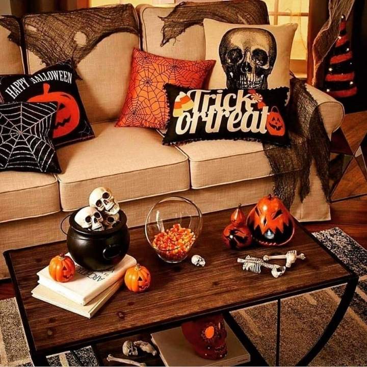 Spooky Room with Festive Pillows and Decor
