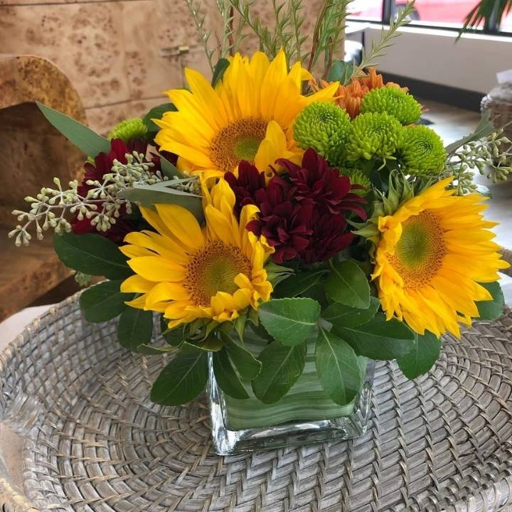 Square Vase Sunflower and Chrysanthemum Display