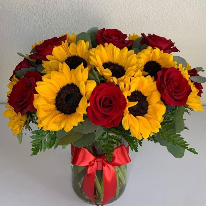 Sunflower and Red Rose Vase Arrangement
