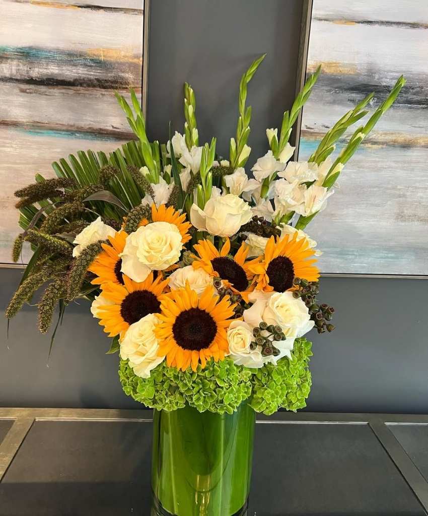 Sunflower and White Rose Vase Arrangement