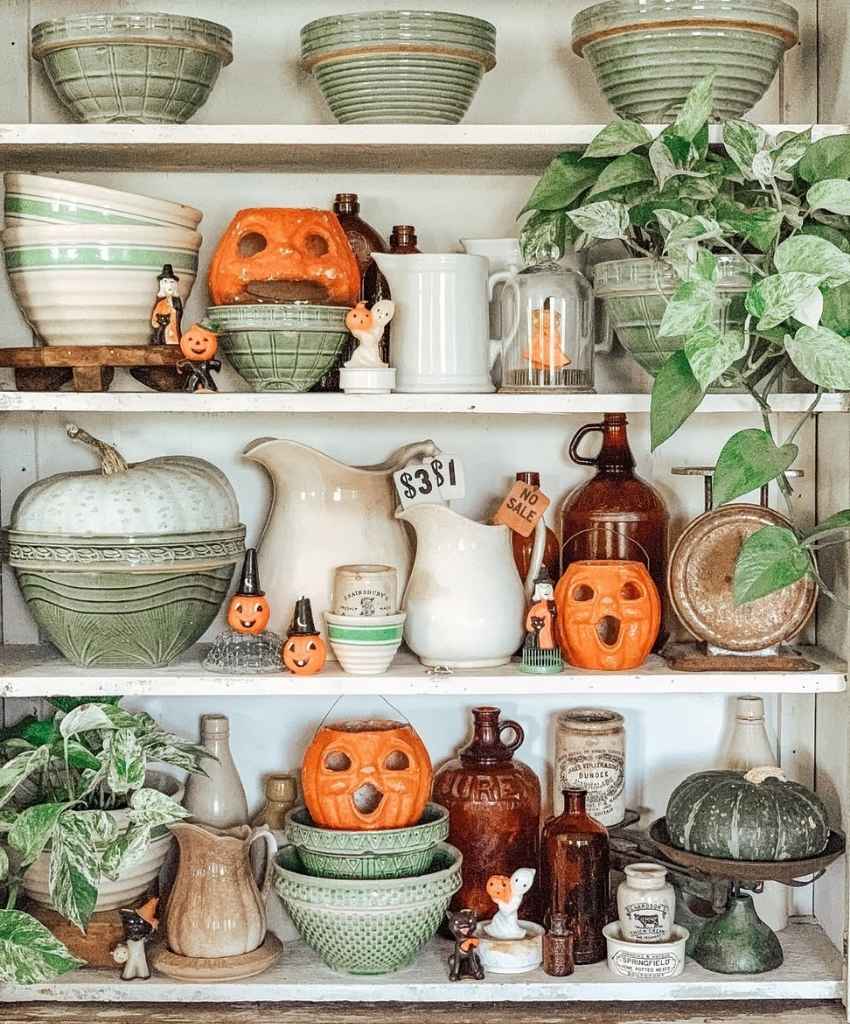 Vintage Kitchen Shelf with Halloween Touches