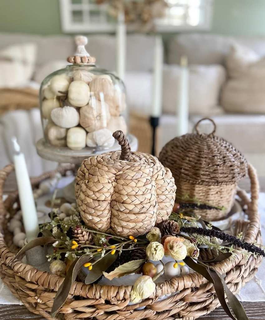 Woven Straw Pumpkin Fall Centerpiece.