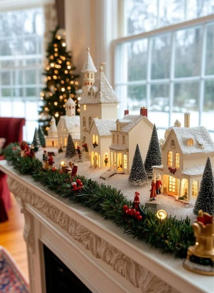 Mini Christmas Village Mantel Display