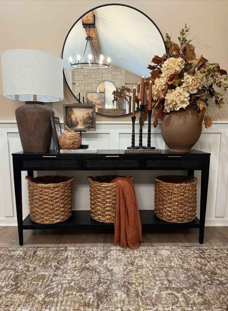 Rustic Black Console with Woven Baskets