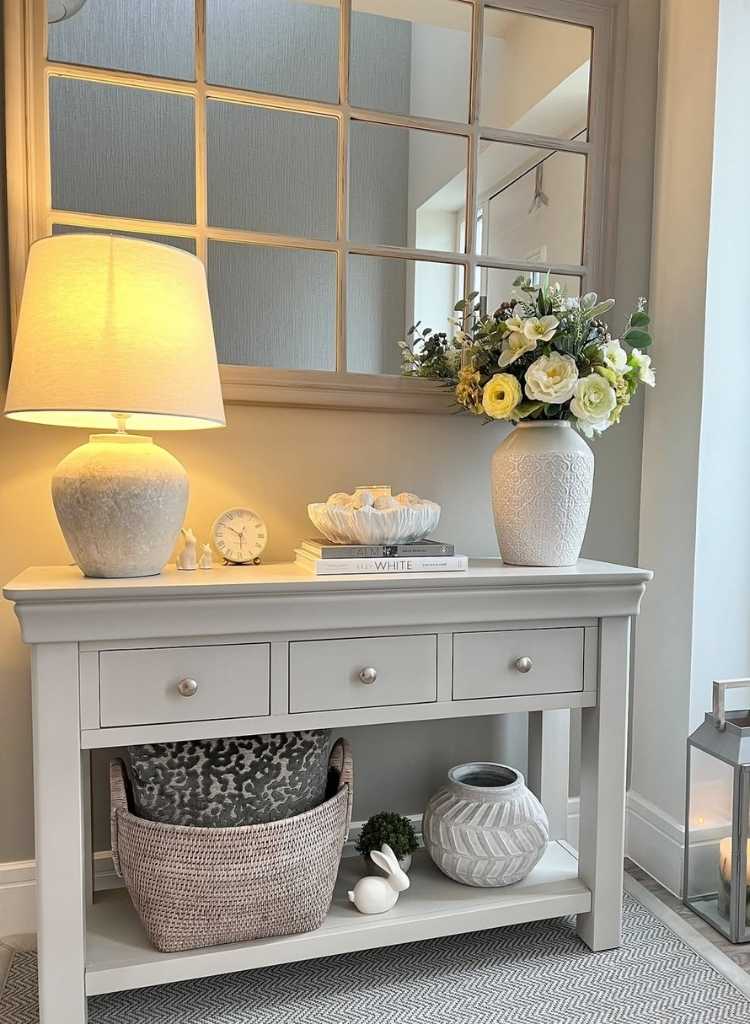 Soft Gray Table with Decorative Mirror