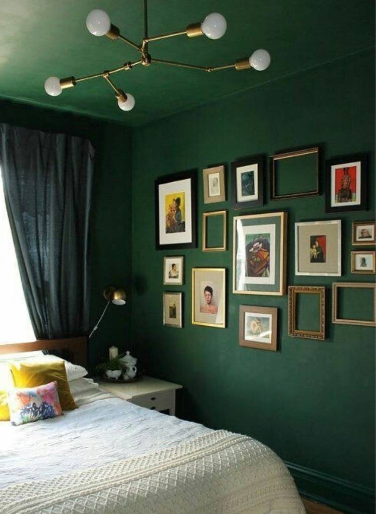Art-filled dark Green Gallery Bedroom