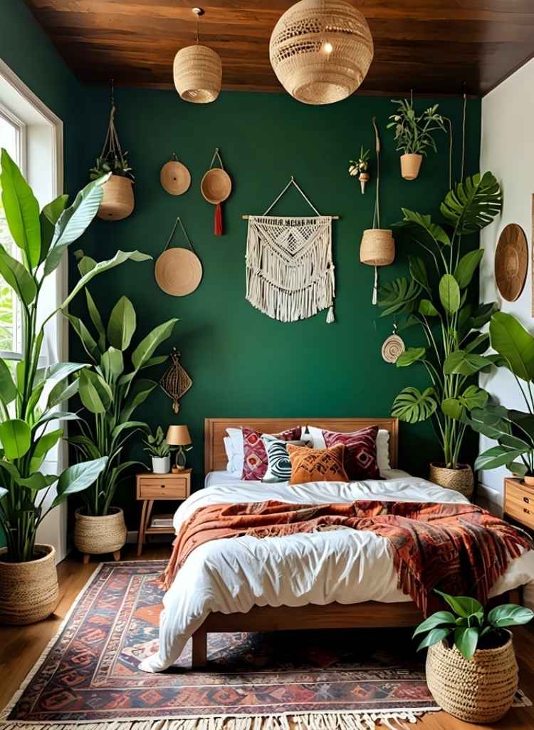 Boho Dark Green Jungle Bedroom