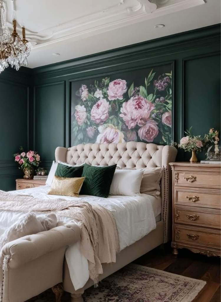 Classic Dark Green Floral Bedroom