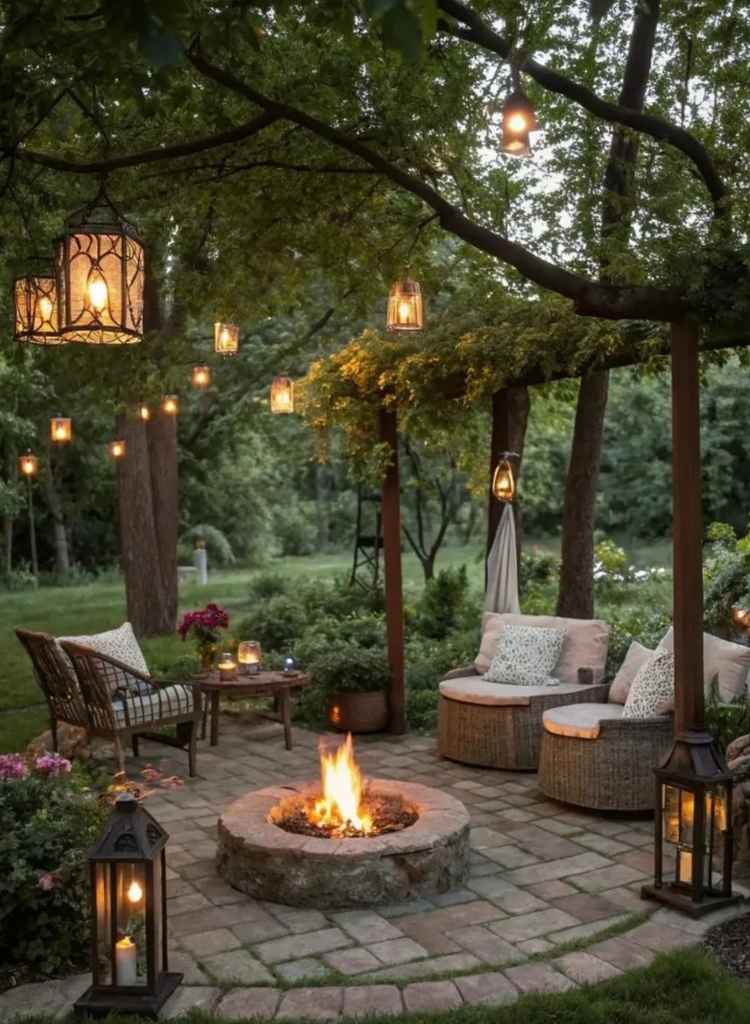 Garden Lantern Fire Pit Retreat
