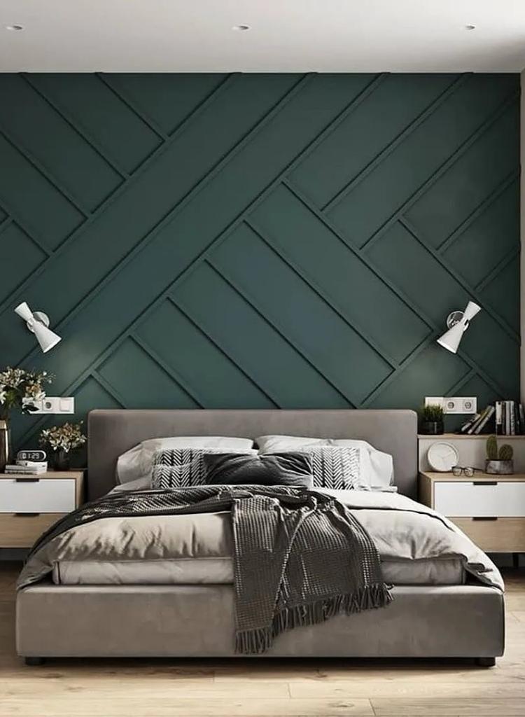 Geometric Dark Green Feature Wall Bedroom