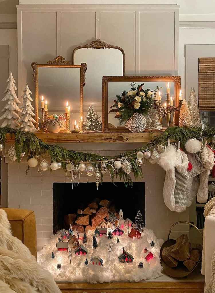 Golden Glow Christmas Village Mantel