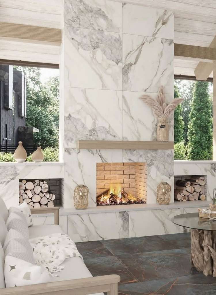 Marble-Clad Outdoor Fireplace Lounge