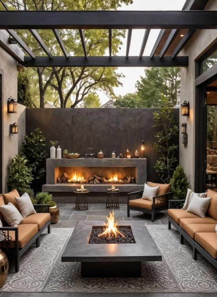 Modern Courtyard Fireplace Lounge