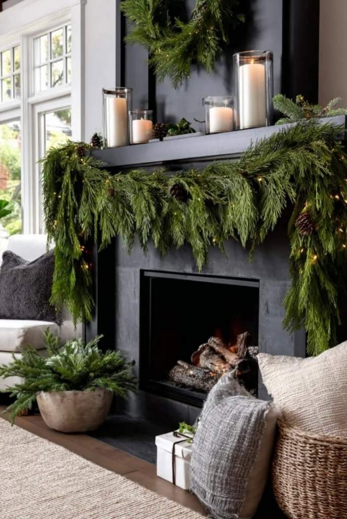Modern Evergreen Christmas Mantel