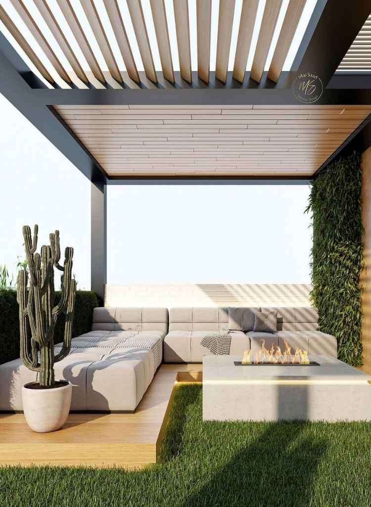 Modern Pergola Lounge with Sleek Fire Feature