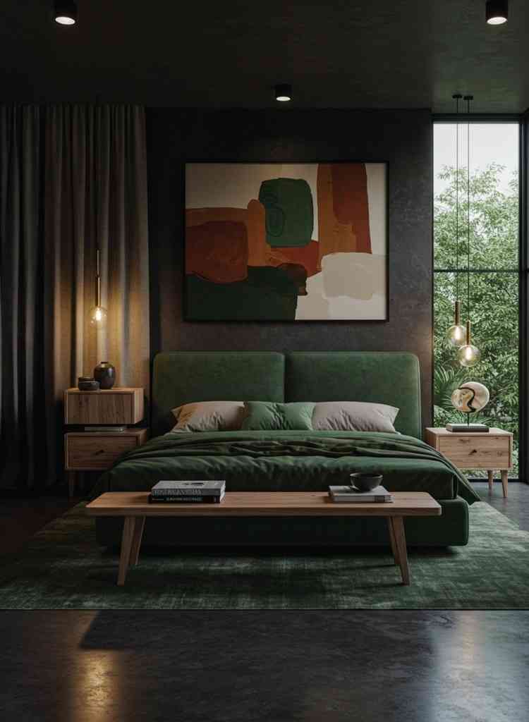 Moody Dark Green Modern Bedroom