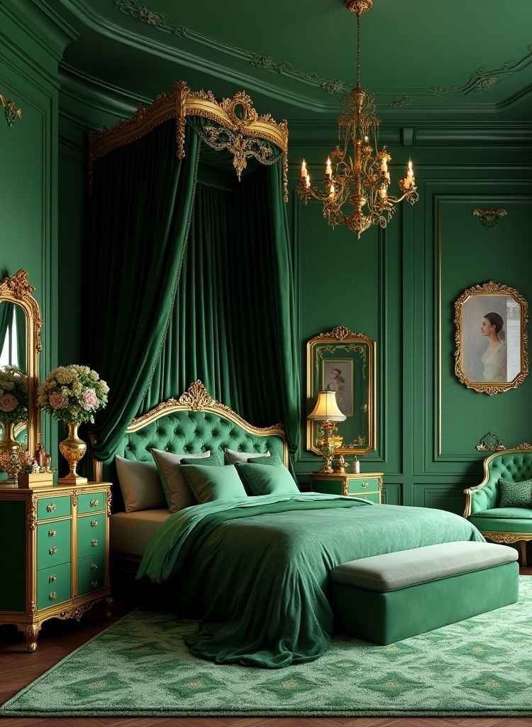 Regal Dark Green Canopy Bedroom