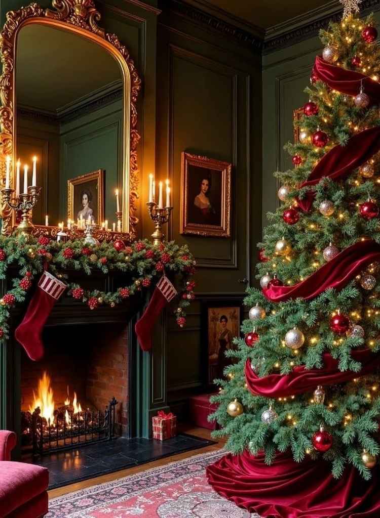 Victorian Red Velvet Christmas Mantel