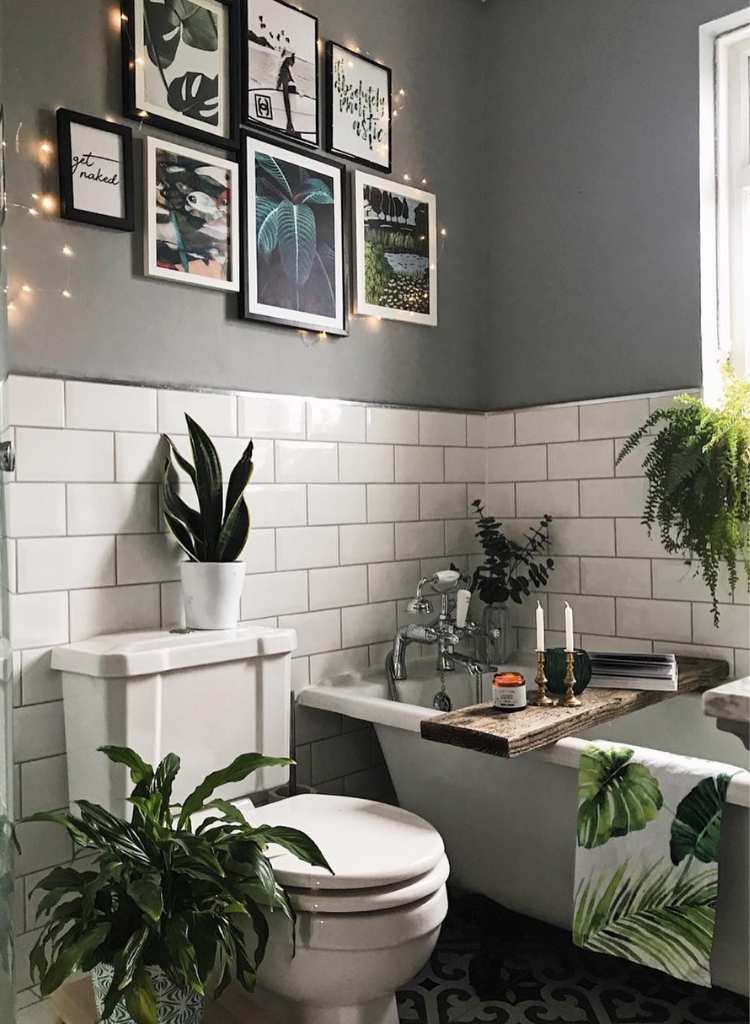 Bathroom with Framed Art and Plants