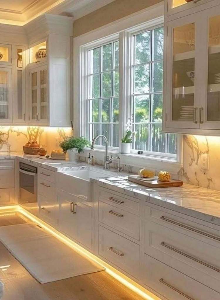 Bright White Kitchen with Soft Golden Lighting