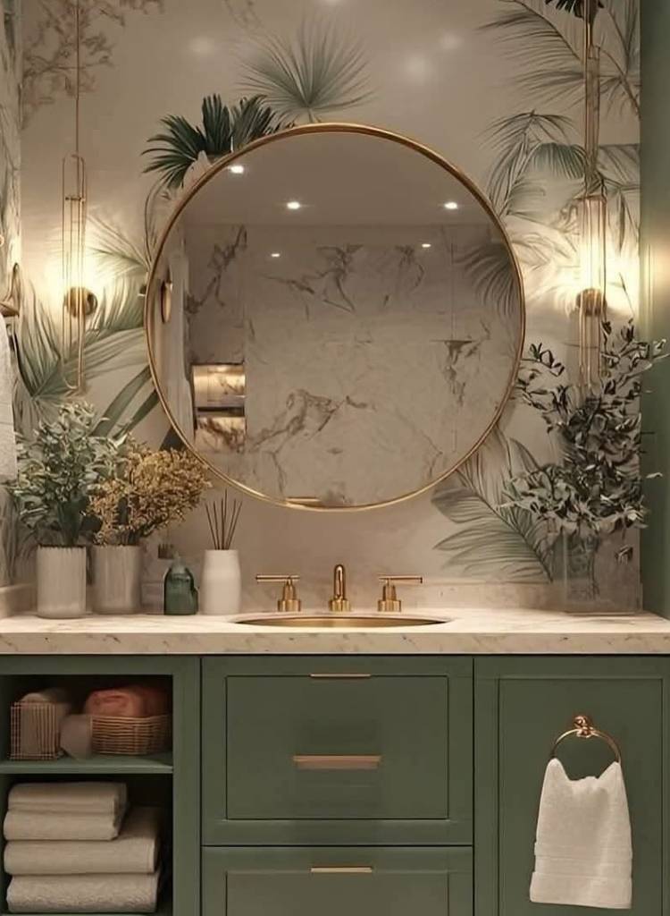 Circular Mirror with Tropical Wall Decor Bathroom