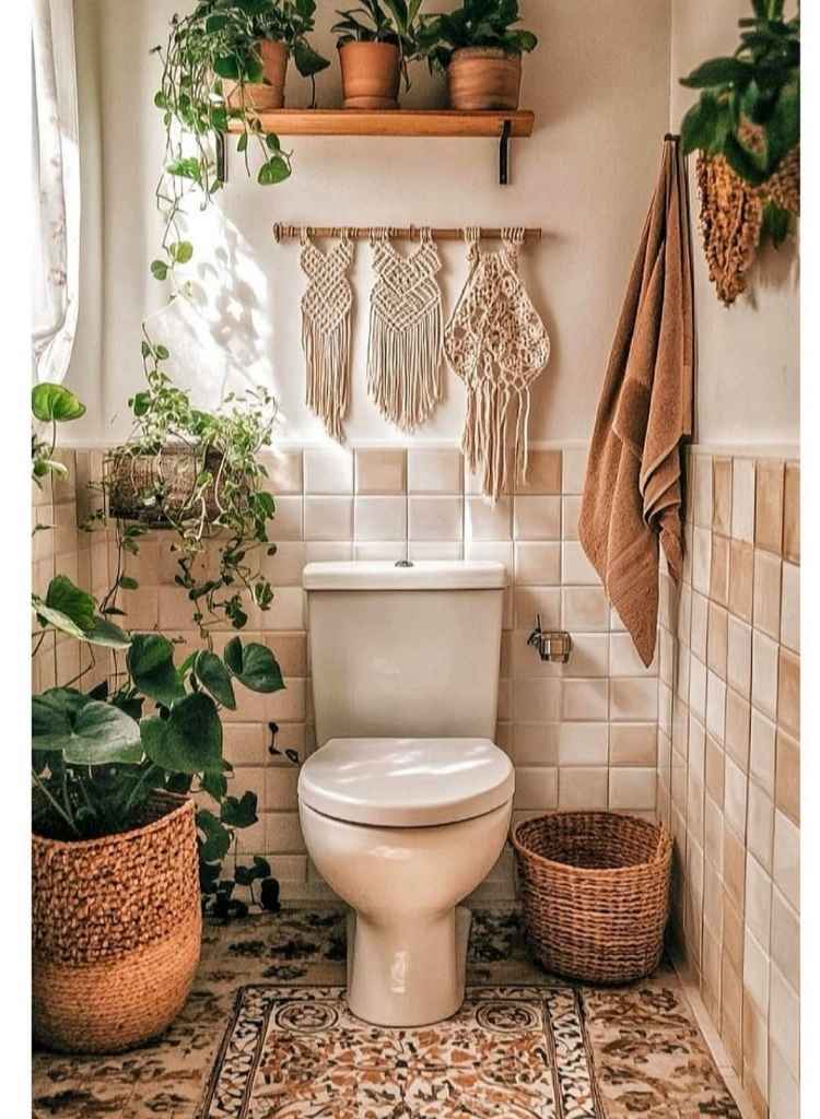 Cozy Boho Bathroom with Macramé and Plants
