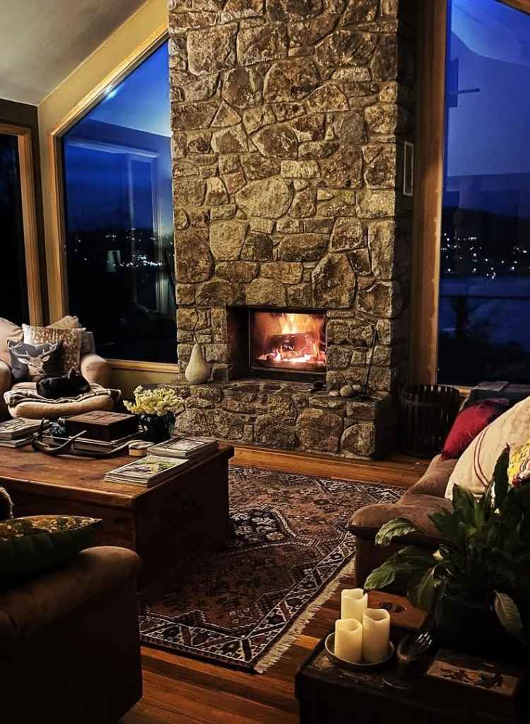 Cozy Mountain-View Stone Fireplace
